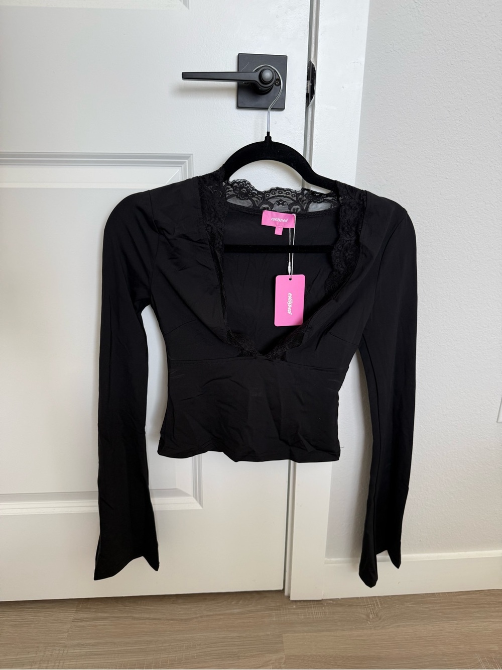 Edikted Black Long Sleeve Lace Trim V-Neck Top